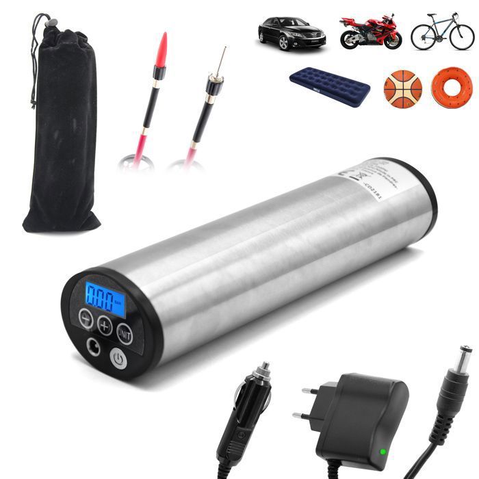 Compresseur d'Air Portable 12V - Mini Gonfleur Electrique Digital écran LCD + Lampe LED - 3 Embouts inclus