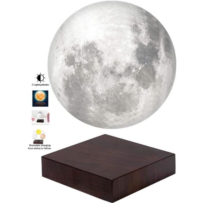 Lampe de lune en lévitation flottant et tournant librement dans l'air avec une base en faux bois de luxe et une impression 3D LED