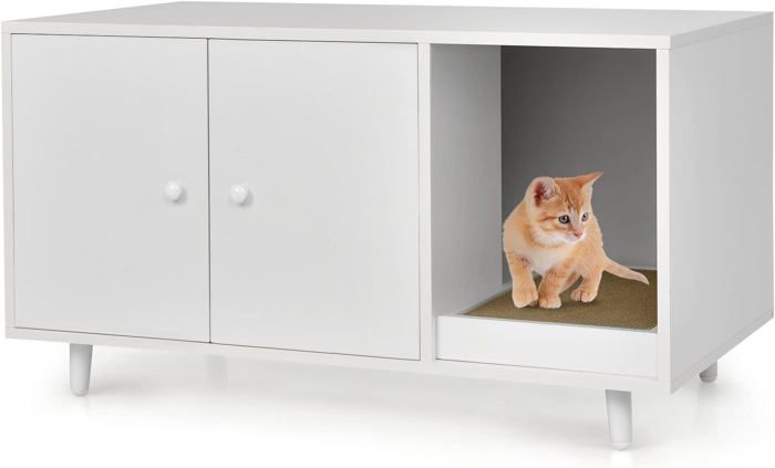 Meilleurs prix pour GOPLUS Maison de Toilette pour Chat en Bois Meuble Litière pour Chat Double Portes avec Grattoir à Chat, 90x50x50CM, Blanc
