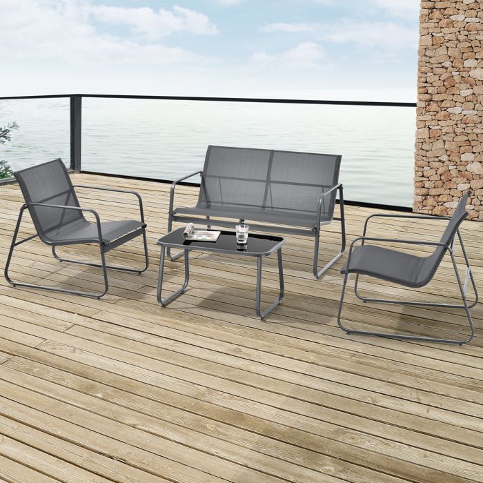 Ensemble de meubles de jardin 4 pièces Anzi table basse banc et 2 chaises acier verre trempé de 5 mm textilène gris