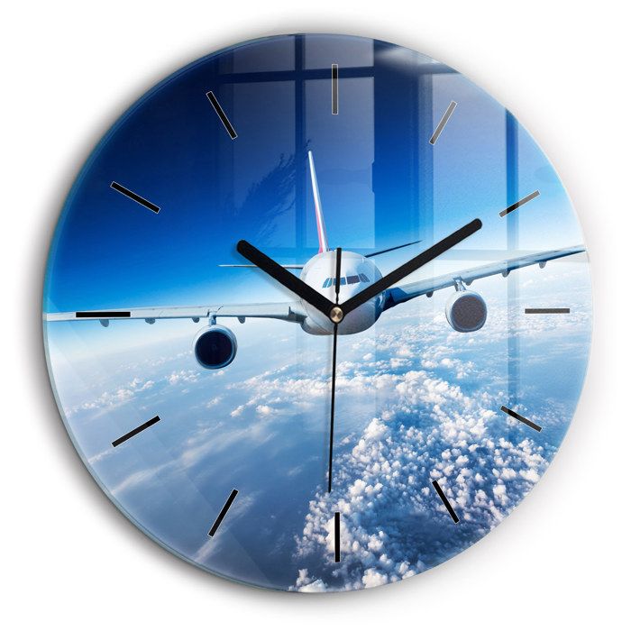 Horloge Murale Tulup Avion Dans Le Ciel - Verre 60x30cm - Quartz Pile - Neuf