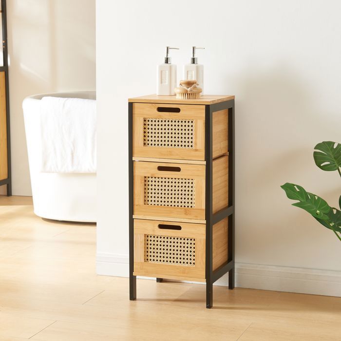 Commode Tervola avec 3 tiroirs 72 x 30 x 30 cm noir naturel effet rotin Commode Tervola avec 3 tiroirs 72 x 30 x 30 cm noir naturel effet rotin