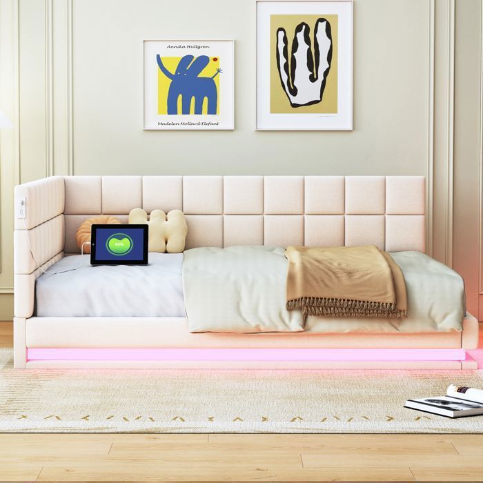Canapé-lit 140*200 lit multifonctionnel avec barre de lumière LED prise USB et grill ardoise velours beige respectueux de la peau