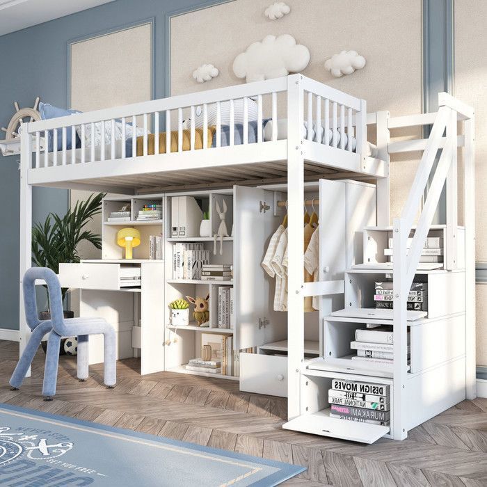 Lit mezzanine 90x200 cm - VVBV - Blanc - Avec bureau tiroirs et armoire - Bois massif & MDF