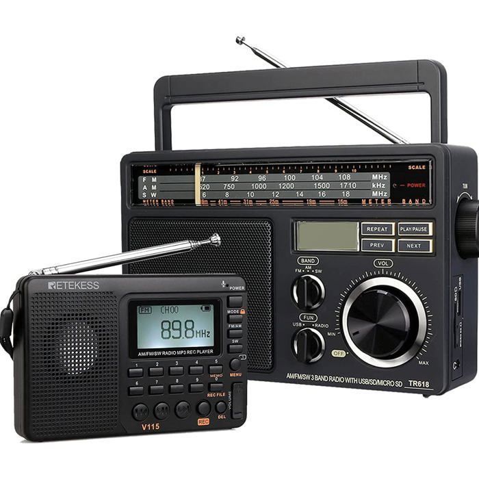 Retekess V115-TR618 Radio Portable Radio AM FM SW Minuterie de Sommeil Carte TF Lecteur MP3 Enregistreur Radio Pile et Secteur