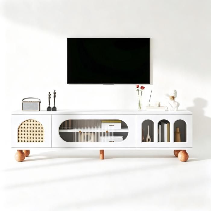 Meuble TV Blanc-Portes style rotin & verre coulissant & arches- Poignées dorées – Pieds bois massif –Rangement pratique-170×47×37 cm