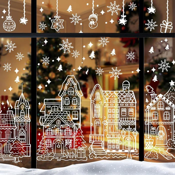 AhfuLife - 6 Grands Autocollants Fenêtre Noël Réutilisables (90x30 Cm) - PVC Avec Motifs Flocons Et Sapins - Déco Vitrine Sans Adhésif - Pour Intérieur Et Extérieur