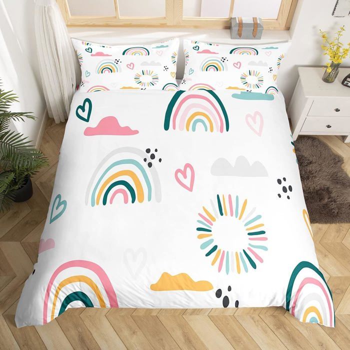 Parure de lit avec housse de couette arc-en-ciel pour filles cœurs damour roses Motif nuage mignon Rayures Pois Blanc 140x200cm