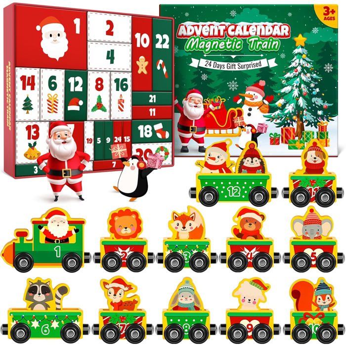 Calendrier de l'Avent 2025 Calendrier de l'Avent Kinder Train Magnétique en Bois Éducatif