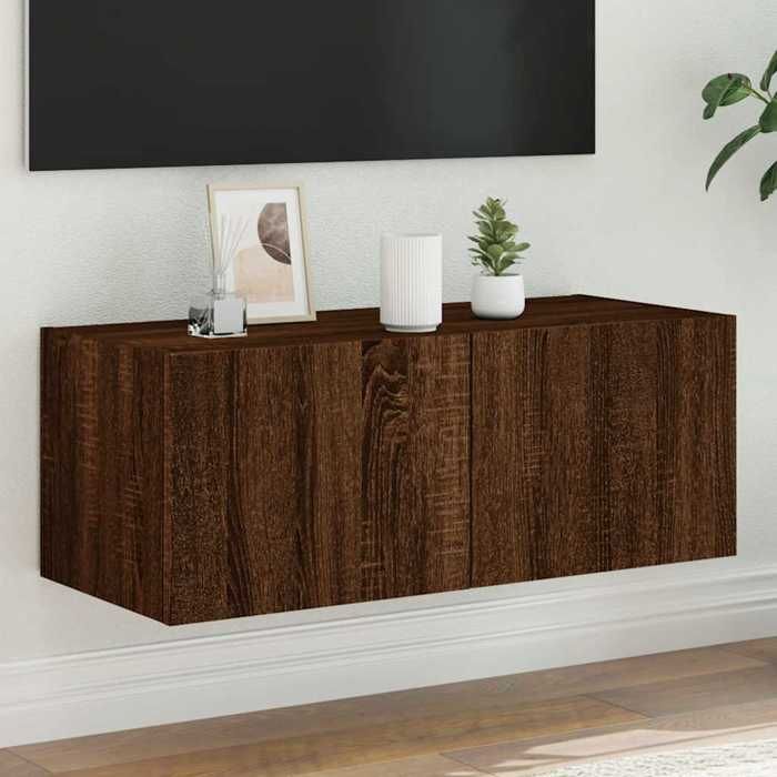 SALE 2026 Armoire TV moderne Brun - Meuble TV mural avec lumières LED chêne marron 80x35x31cm PRO913009452