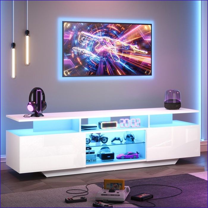 Meuble TV & Divertissement - 70 Pouces - 2 Armoires - LED App Contrôlable - Haut Brillant Blanc
