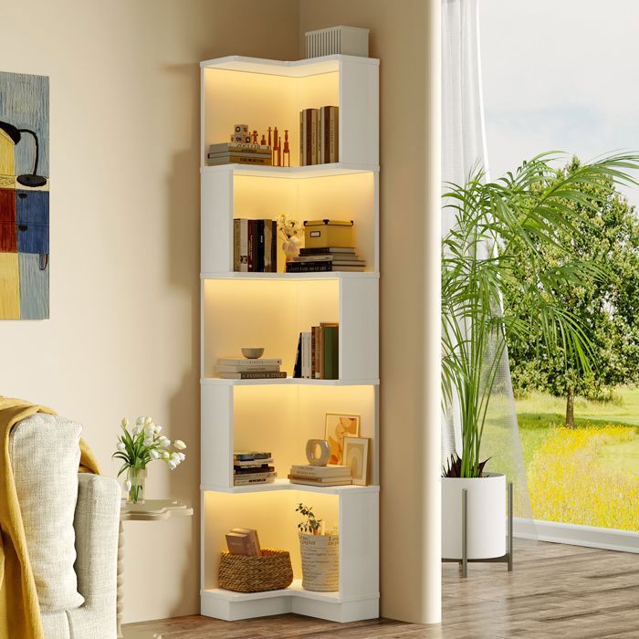 Bibliothèque d’Angle LED Blanche - MERAX - Étagère d’Angle à 5 Niveaux Meuble Bureau 635 x 45 x 175 cm