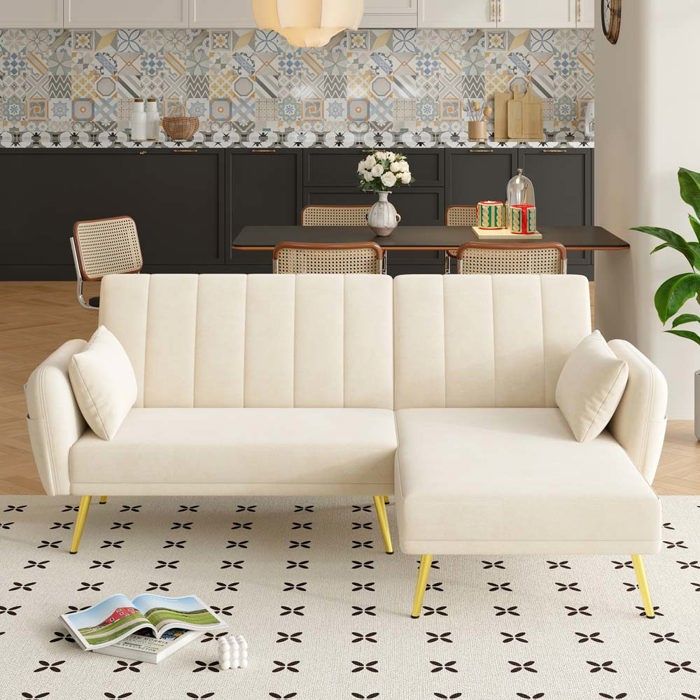 Canapé dangle pliant - Convertible réversible - Velours beige - Bois massif - 2 places