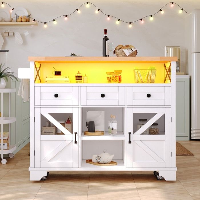Chariot de cuisine avec application LED table pliante îlot de cuisine mobile bar buffet rangement trois tiroirs deux portes