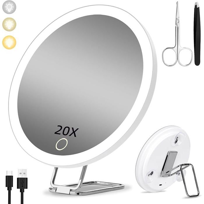 Miroir grossissant x20 lumineux 3 modes de couleur intensité variable miroir de maquillage rechargeable 5.2L x 5. MIROIR ELECTRIQUE