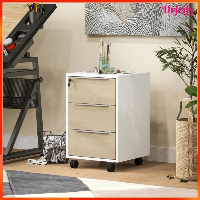 Caisson de bureau à roulettes - AKOZON - 3 tiroirs - Serrure (2 clés) - Chêne - 40x40x635 cm