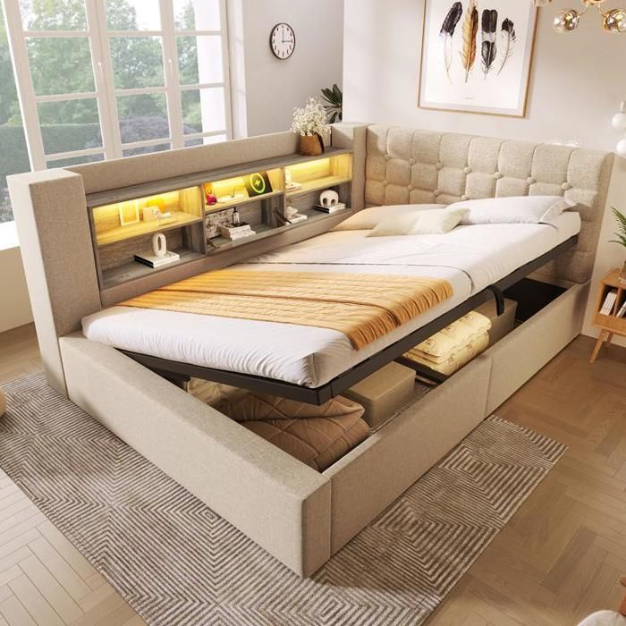 Canape lit 140x200 cm avec éclairage LED Lit coffre avec espace de rangement Cadre de lit double avec tete de lit Lin Beige