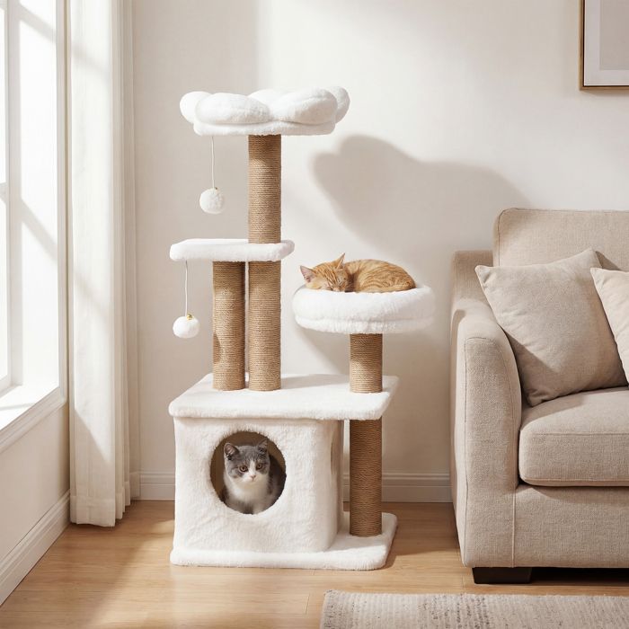 Comparer les prix de Arbre à Chat Multi-Niveaux 96 CM COSTWAY Perchoir en Forme de Fleur Condo Lit Poteaux à Griffer 2 Balles Suspendues Beige