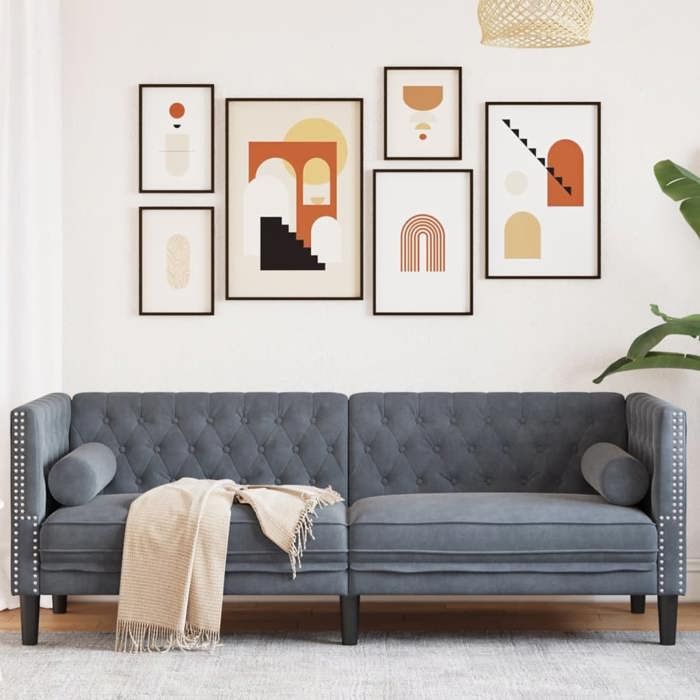 Promo étéCanapé Chesterfield avec traversins 3 places - SWEETY - [par siège:110 kg] - gris foncé velours - Dimensions:194x745x70