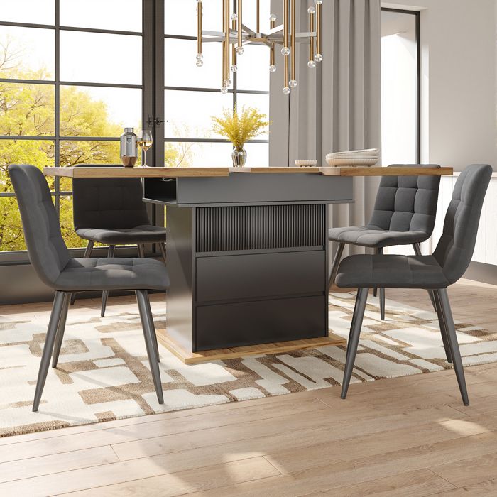Table à manger extensible - 110-140×80×75 cm - Extensible deux côtés - Rangement dissimulé - Noir/Naturel