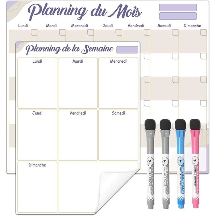 Lot de 2 Tableaux Blancs Calendrier Effaçable à Sec 1 Mensuel + 1 Semainier avec 4 Marqueurs Adhésif Non