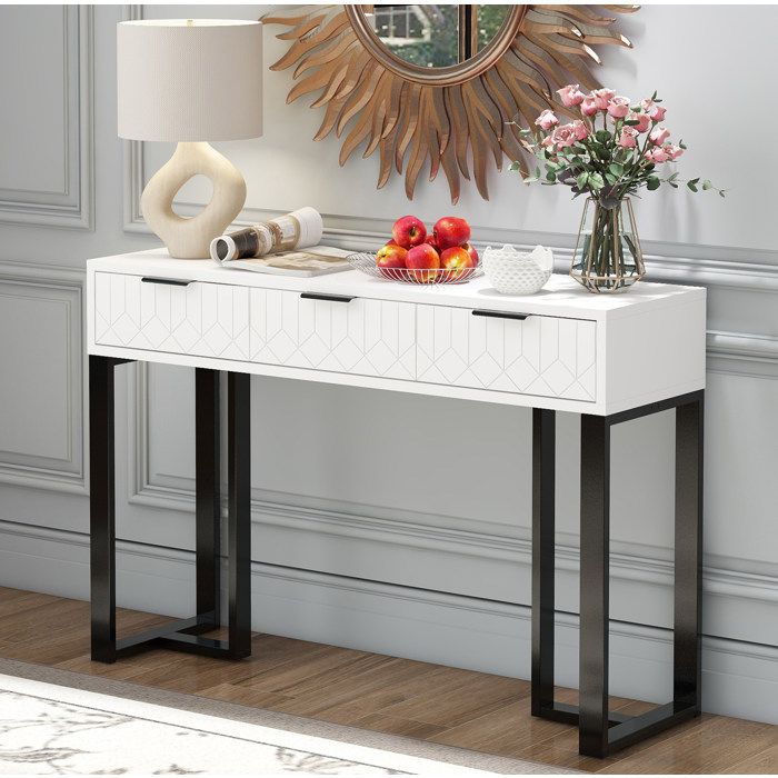 Table console moderne EVRYAE 120 x 36 x 80 cm avec 3 tiroirs de rangement entrée salon bureau blanc et noir
