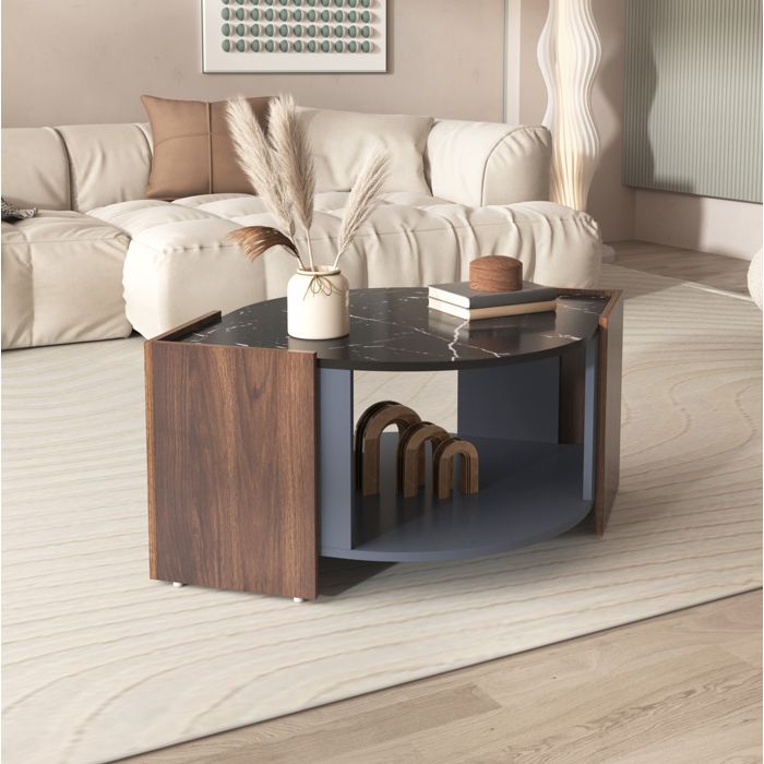 Table basse – effet marbre noir et bois noyer – avec rangement ouvert – 965 x 63 x 40 cm