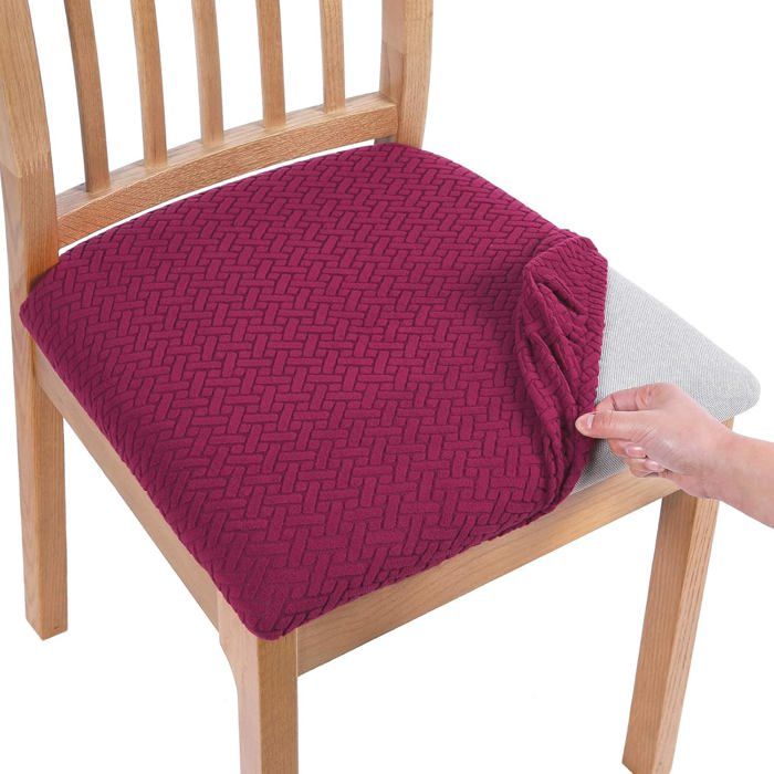 Housse dassise de chaise extensible lot de 4 jacquard avec attaches protège-siège salle à manger bordeaux