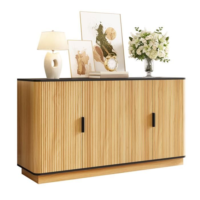 WOVREO Buffet bas 4 portes 139x40x75 cm aspect bois naturel avec façades ondulées poignées aluminium