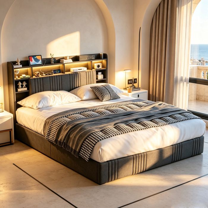 Lit coffre 140x200 gris aver sommier LED RGB + USB - Tête de lit avec niches de rangement + scandinave style + tissu de lin