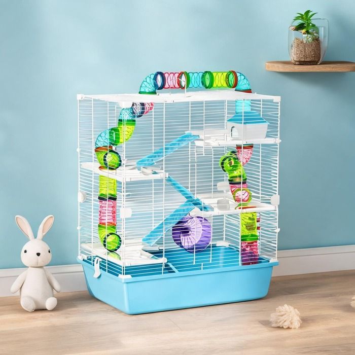 Cage pour petits rongeurs bleu ton et blanc 5 niveaux avec roue et accessoires 59 x 36 x 69 cm
