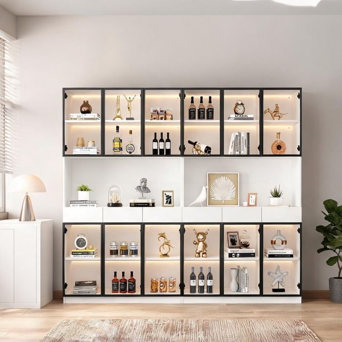 Meuble vitrine haut 200 cm avec LED panneaux de particules blanc cadre noir 3 - White Particle Board 36.0 x 240.0 x 200.0 cm