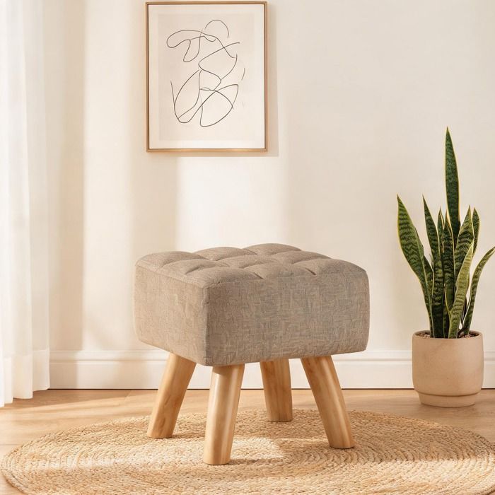 Pouf capitonné en lin marron clair 27 x 27 x 26 cm – Repose-pieds polyvalent pour salon et chambre