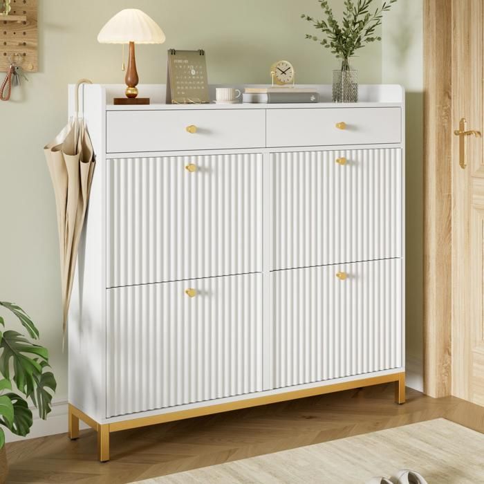 Meuble à Chaussures étroite Armoire de Rangement Moderne avec 4 Portes Rabattables Poignées en Métal et de Pieds en Métal Blanc