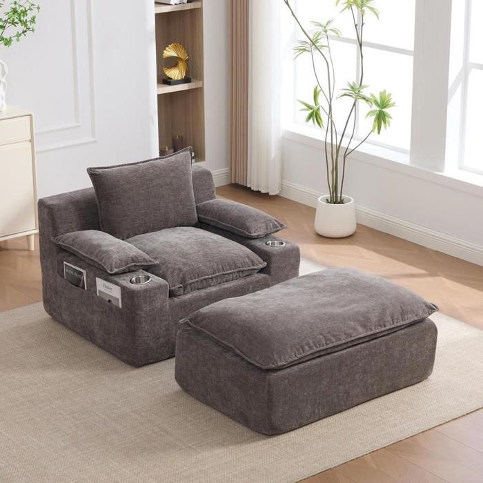Fauteuil relax - KOMHTOM - Chenille - 4 coussins - Porte-gobelet - Poche de rangement Fauteuil relax - KOMHTOM - Chenille - 4 coussins - Porte-gobelet - Poche de rangement