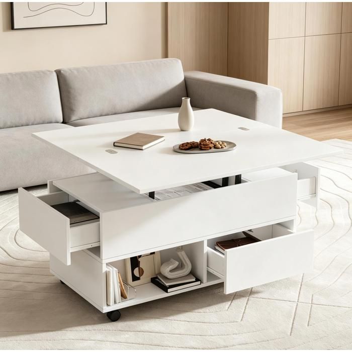 Table basse relevable multifonction 100x50x52 cm blanche avec 4 tiroirs rangements ouverts et roulettes JOINERY