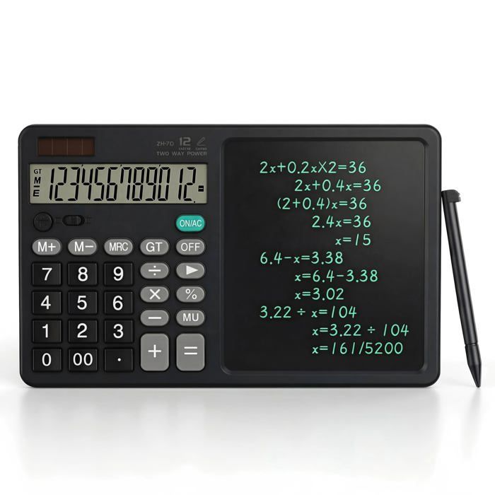 Calculatrice bureau avec bloc-notes 12 chiffres noir.