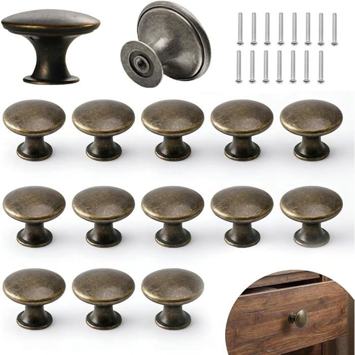 Lot de 15 Boutons de Meuble avec Vis Vintage Bronze Antique Ø 30mm Poignée de Meuble Cuisine Ronde Bouton de Tiroir pour Commode