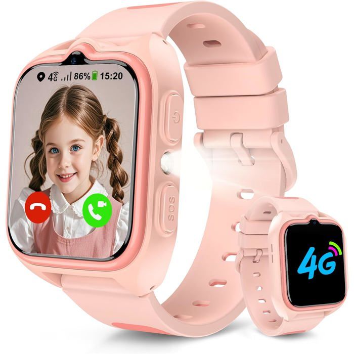 4G Montre Connectée Enfant GPS SOS Appel Téléphonique & Vidéo Mode École Carte SIM Compatible Chat Vocal Lampe Torche Podomètre