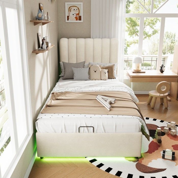 Lit rembourré Beige Velours 90x200 cm Enfant avec Coffre Hydraulique Rangement 3 Tiroirs Éclairage LED Structure Solide Lit rembourré Beige Velours 90x200 cm Enfant avec Coffre Hydraulique Rangement 3 Tiroirs Éclairage LED Structure Solide