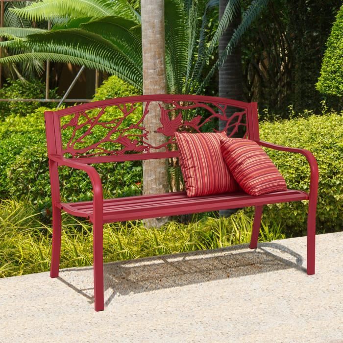 costway banc de jardin en métal 2-3 places - charge 280kg, accoudoirs et dossier, banquette extérieur - 127x59,5x87,5cm - rouge