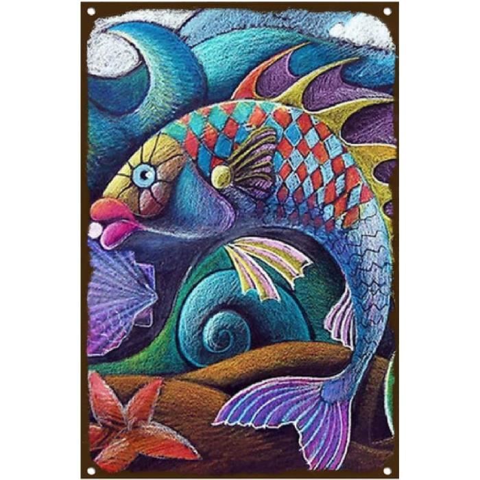 Déco Murale Poisson En Métal - Lot De 2 Sculptures Colorées (30x17,5cm) - Thème Océan, Accroche Facile - Pour Salon, Chambre, Jardin, Cuisine - 2