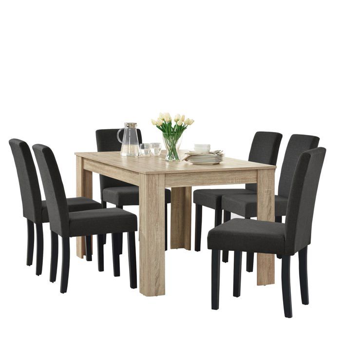 Table de salle à manger (chêne cérusé) + 6 chaise de salle à manger en gris foncé - 140x90cm 03_0004239 Table de salle à manger (chêne cérusé) + 6 chaise de salle à manger en gris foncé - 140x90cm 03_0004239