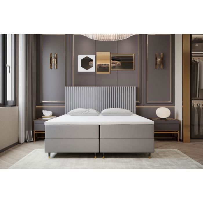 Lit adulte 200x200 cm ESTEPONA - rembourré avec rangement et matelas – Tissu velours - gris