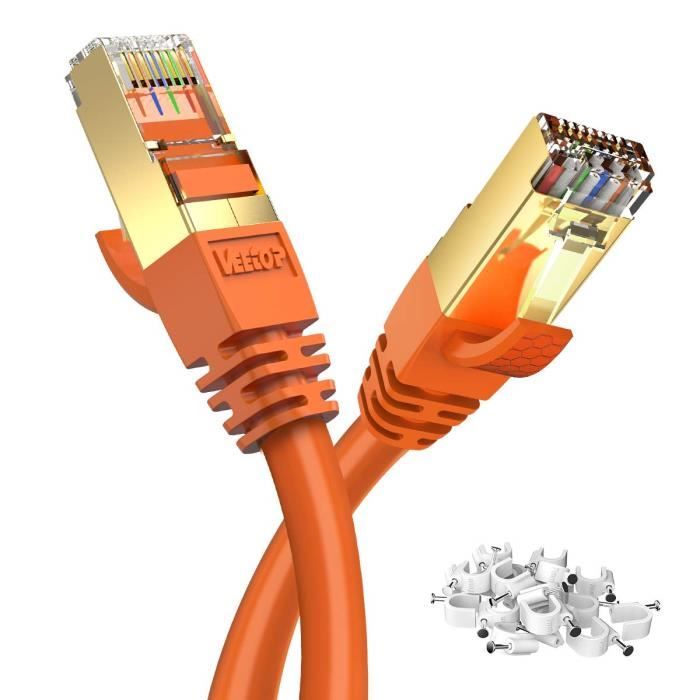Câble Ethernet Cat 8 15 M - 40 Gbps, 2000 MHz - Blindé S/FTP - Compatible PS5, Xbox, PC, Routeur, Etc.