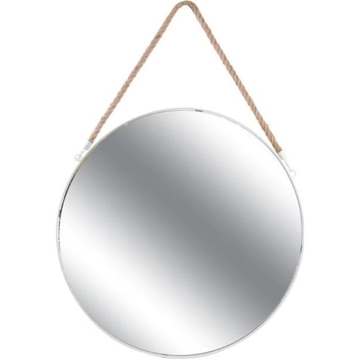 JOSEPH Miroir rond à suspendre - 50 cm - Blanc et jonc de mer