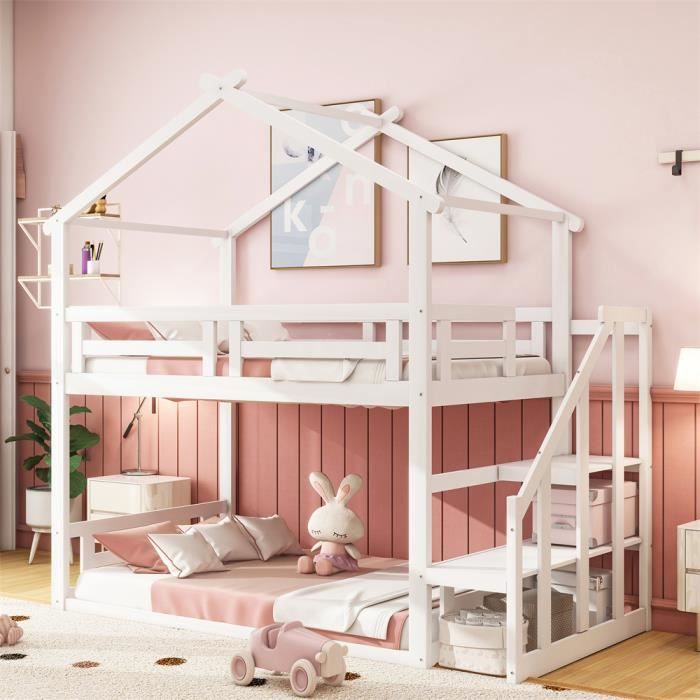 DRIPEX Lit enfant 90×200cm Lit superposé avec escaliers de sécurité,Lit maison avec barrière de sécurité,cadre de lit en bois,Blanc