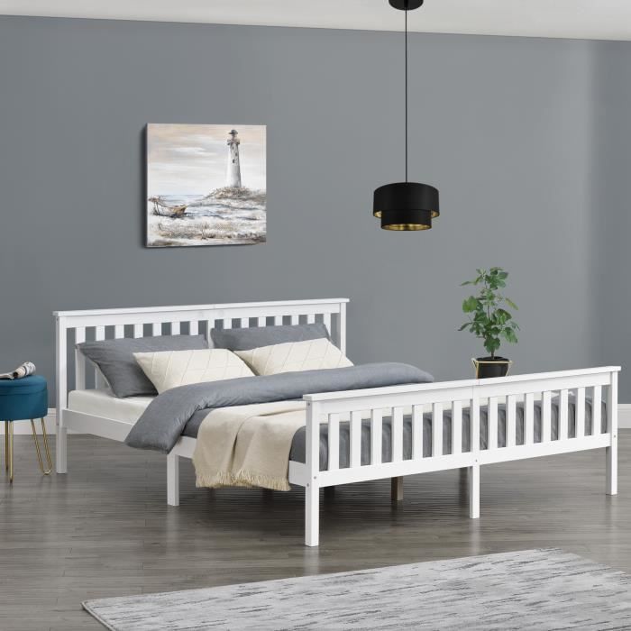 cadre de lit en bois de pin breda 180 x 200 cm blanc mat laqué [en.casa]