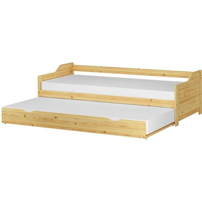 Lit banquette gigogne pin massif naturel 90x200 y compris tiroir 2 sommiers et 2 matelas 60.34-09M