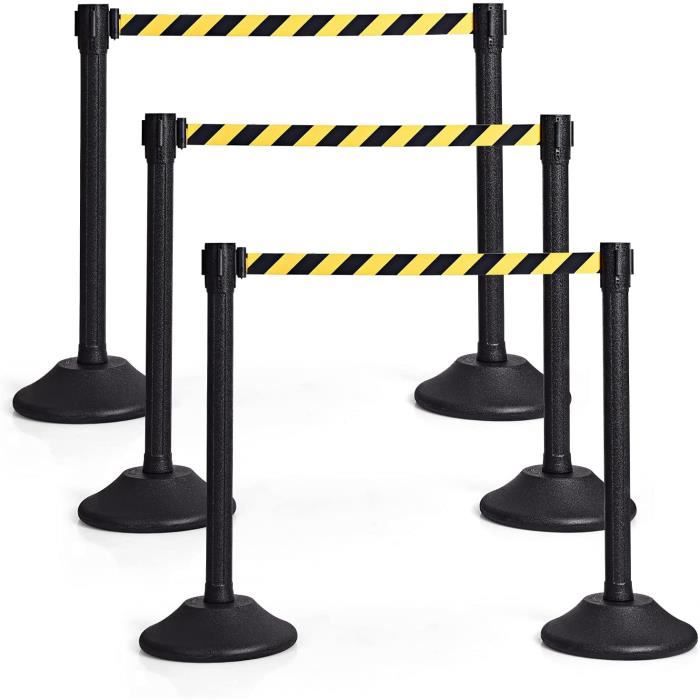 GOPLUS Lot de 6 Poteau de File d'Attente avec Cordon Jaune,Poteaux de Guidage avec Ceinture Rétractable de 2M